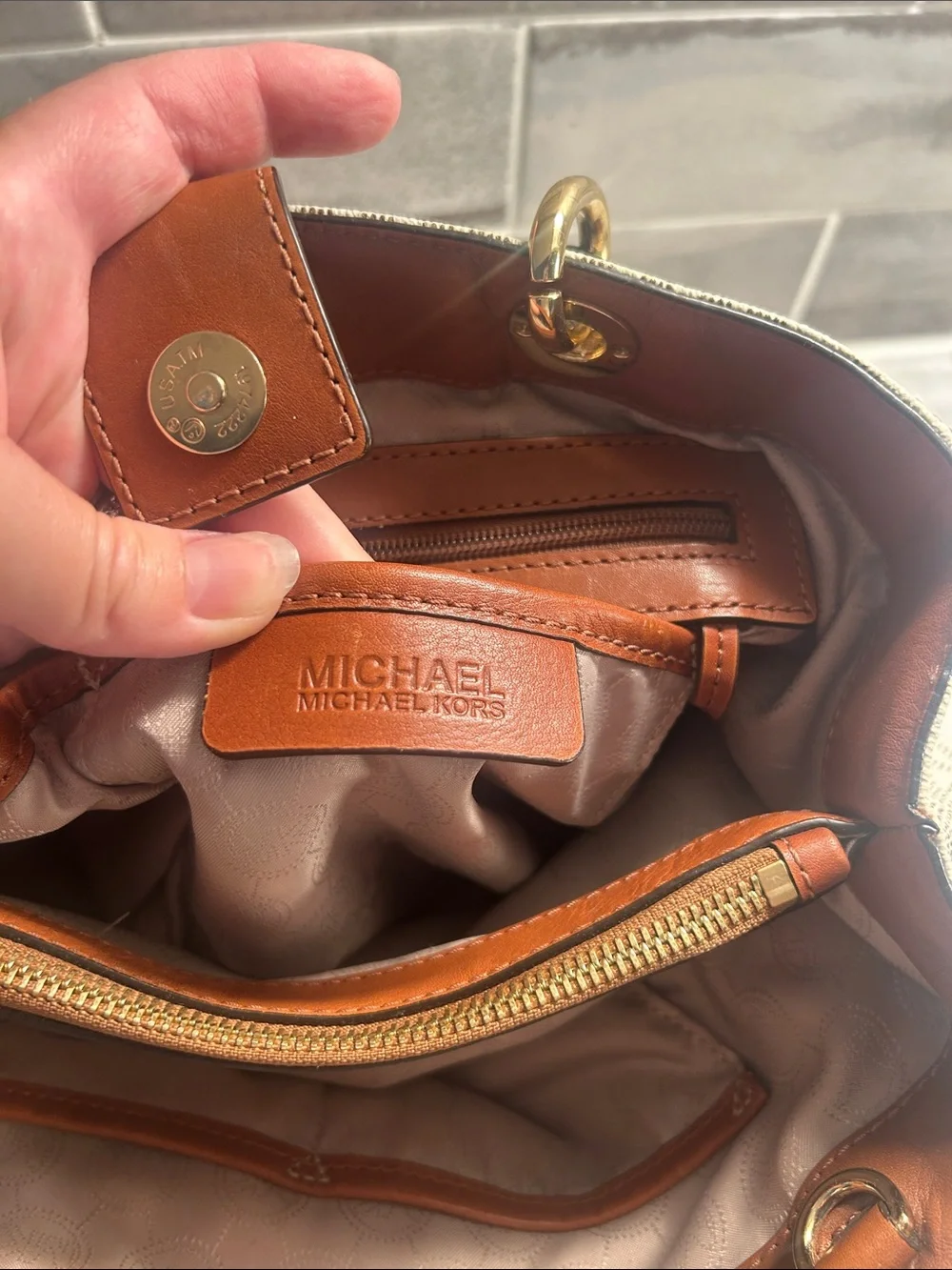 Michael Kors Cynthia Cream MK Logo Tote with Gold Hardware